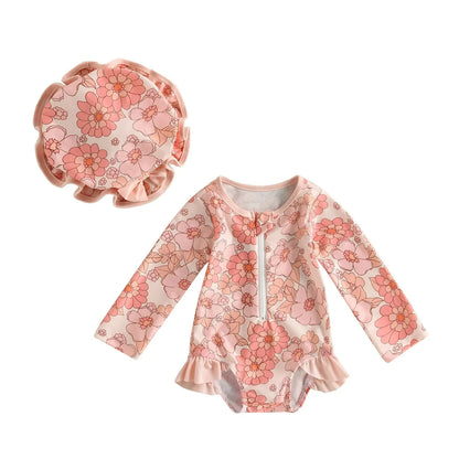 long-sleeve zipper, flamingo floral print, polyester, for summer – Light infant girl’s swimwear jumpsuit