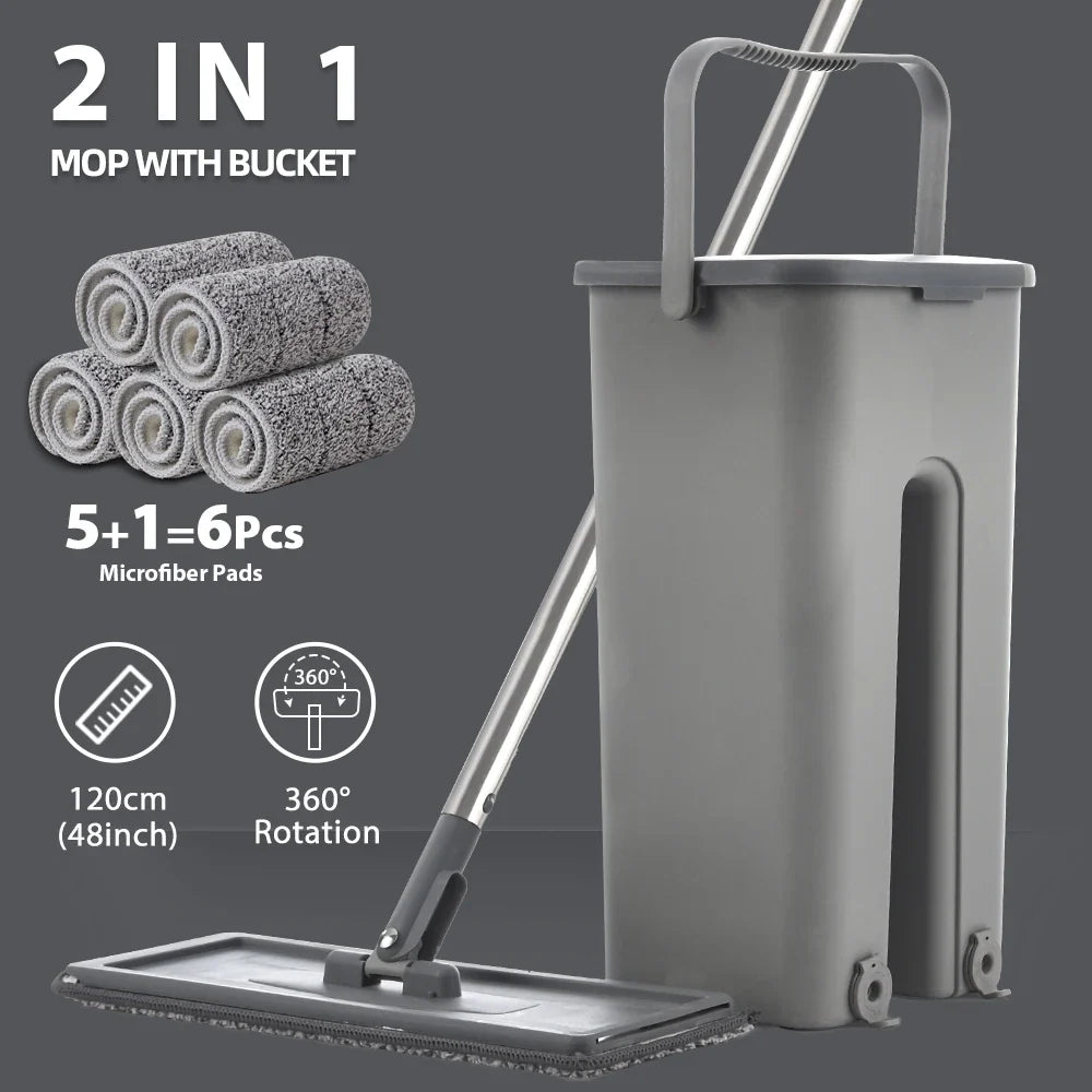 Household Cleaning Hand-Free Flat Floor Mop & Bucket Kit with Washable Microfiber 4x Pads