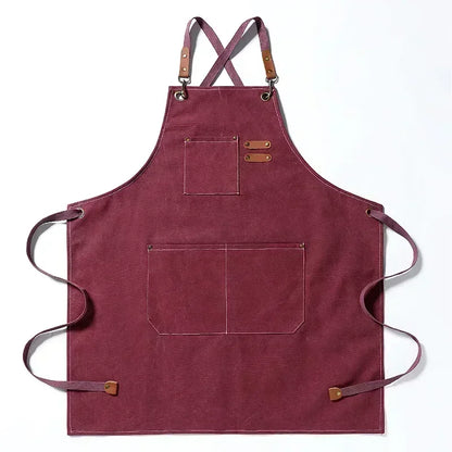 Chef Apron Canvas Crossback Utility Apron With Leather Trim And Pockets Fall 2025 Sturdy BBQ Workshop