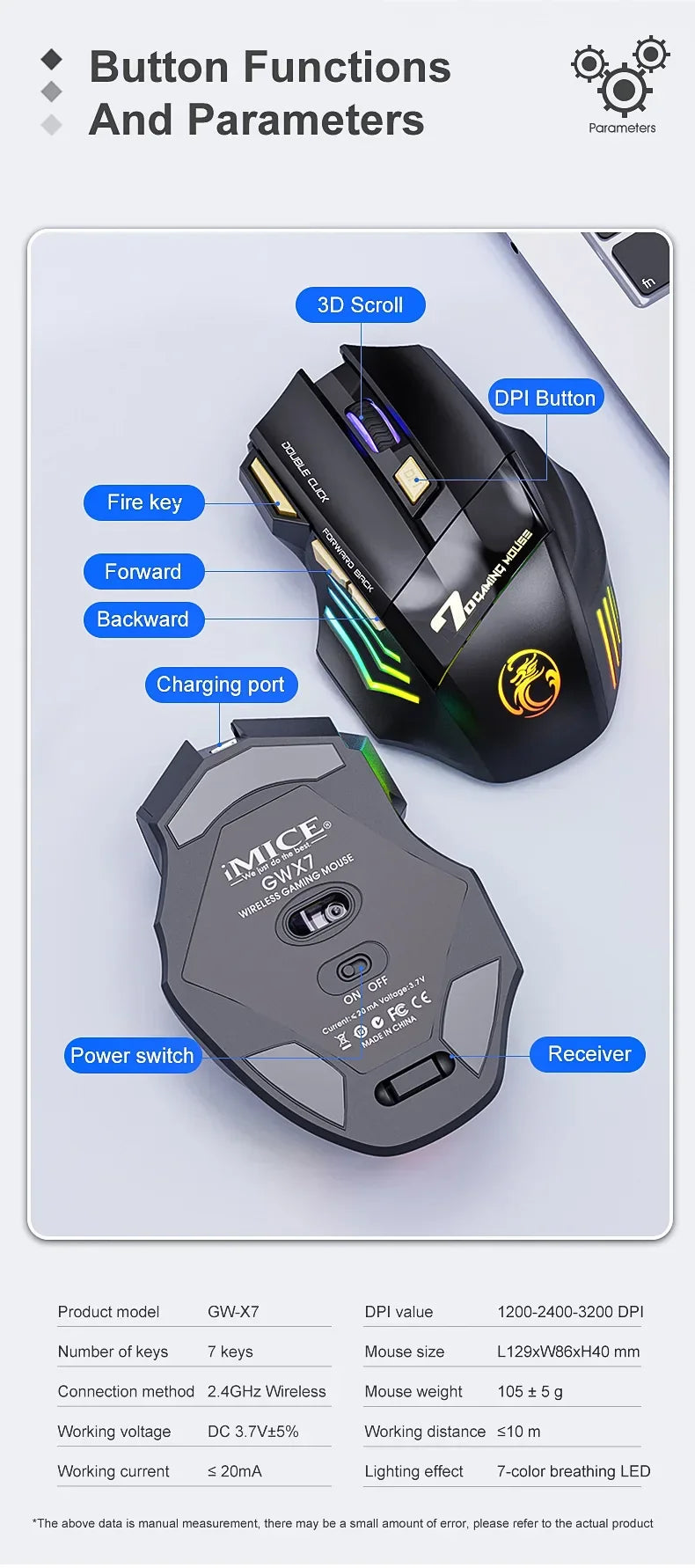 Cordless Gaming Mouse 3200DPI Dual Mode Battery-Powered