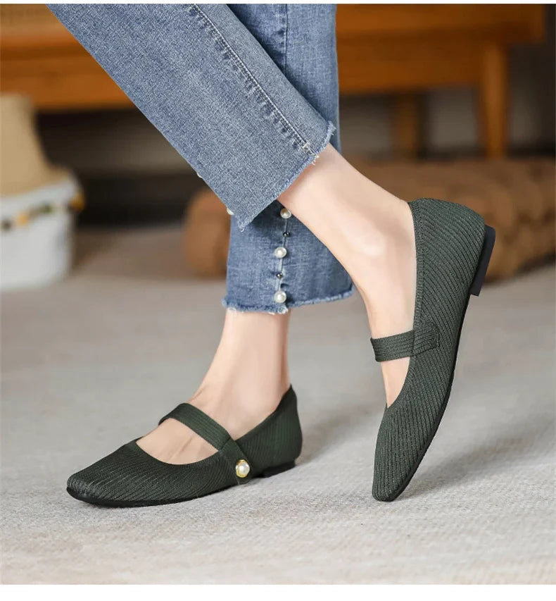 Women Stretchy Mary Jane Flats - Ribbed Knit For Spring