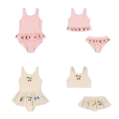 Fast-dry girls’ swimwear - checkered cherry print bikini set, nylon, for summer vacation