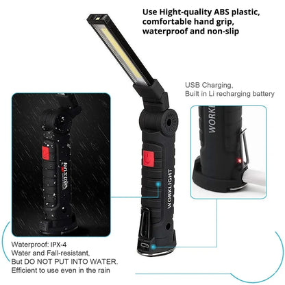 Battery-Powered Camping LED Flashlight Work Light - IP64 Water-Resistant, 5 Modes, Magnet & Hook for Night Work