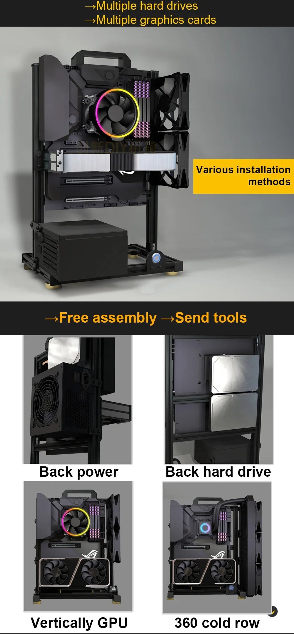 Frame Open Aluminum PC Case Rack EATX Water Cooling