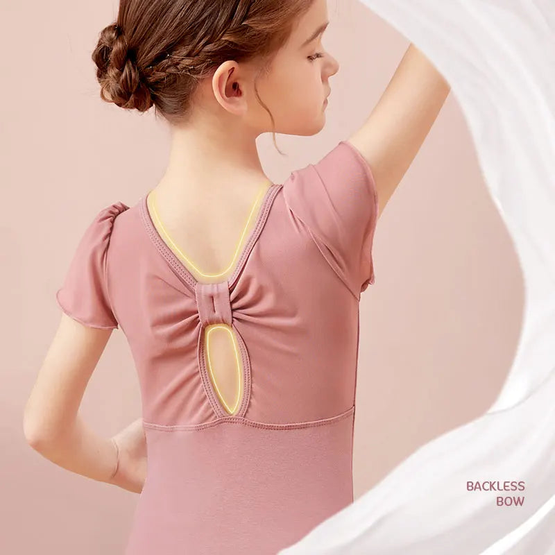 girls' Stretchy ballet leotard - short sleeve, back bow detail, cotton-elastane, for dance class