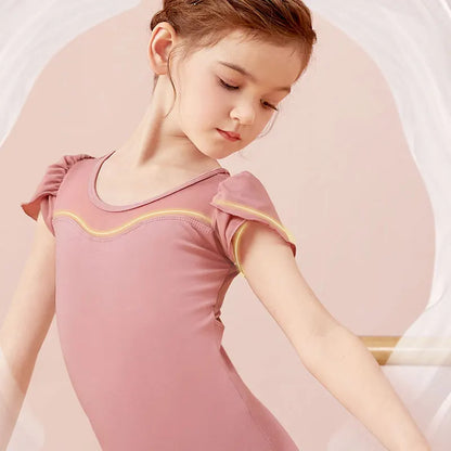 girls' Stretchy ballet leotard - short sleeve, back bow detail, cotton-elastane, for dance class