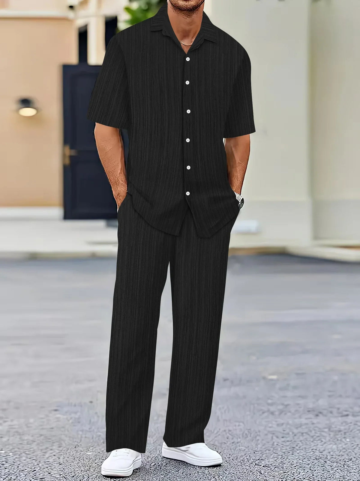 Lightweight Linen Shirt and Pants Set, Vertical Striped Design, Relaxed Fit for Casual and Semi-Formal Wear-3