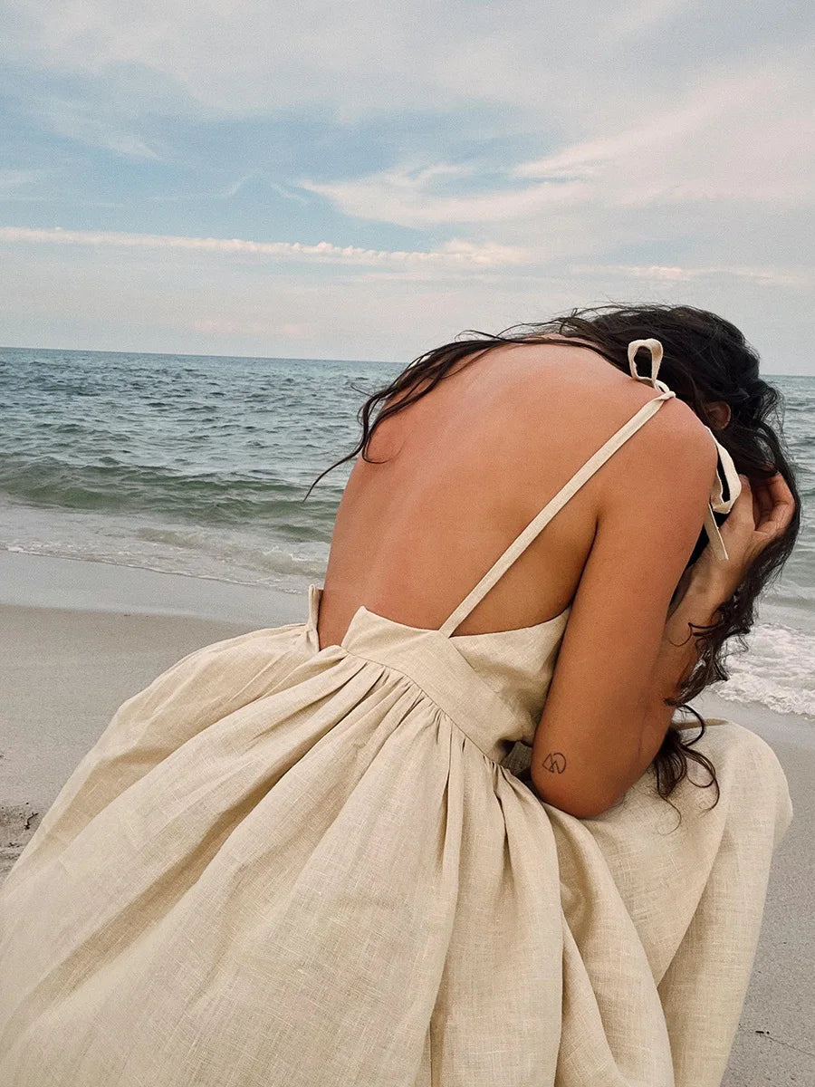 Elegant Summer Rug in Natural Linen and Cotton Blend, A-Line Design, Backless with Adjustable Straps, Ankle Length, Machine Washable-4