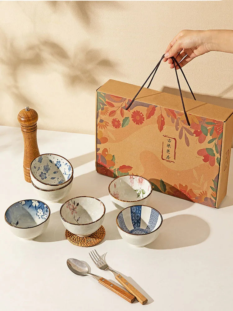 Japanese Ceramic Bowl Kit 6pc Microwave Safe Gift Box