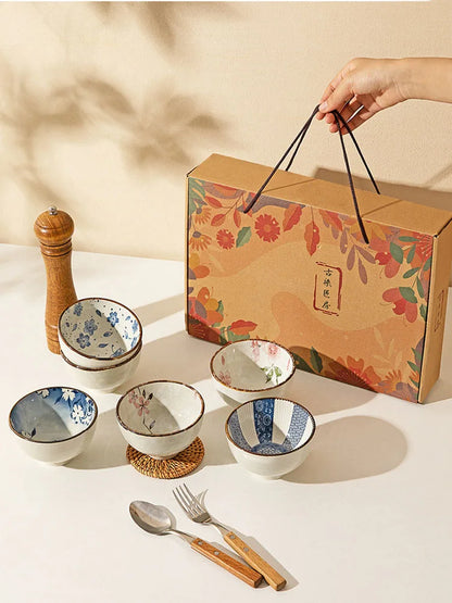 Japanese Ceramic Bowl Kit 6pc Microwave Safe Gift Box