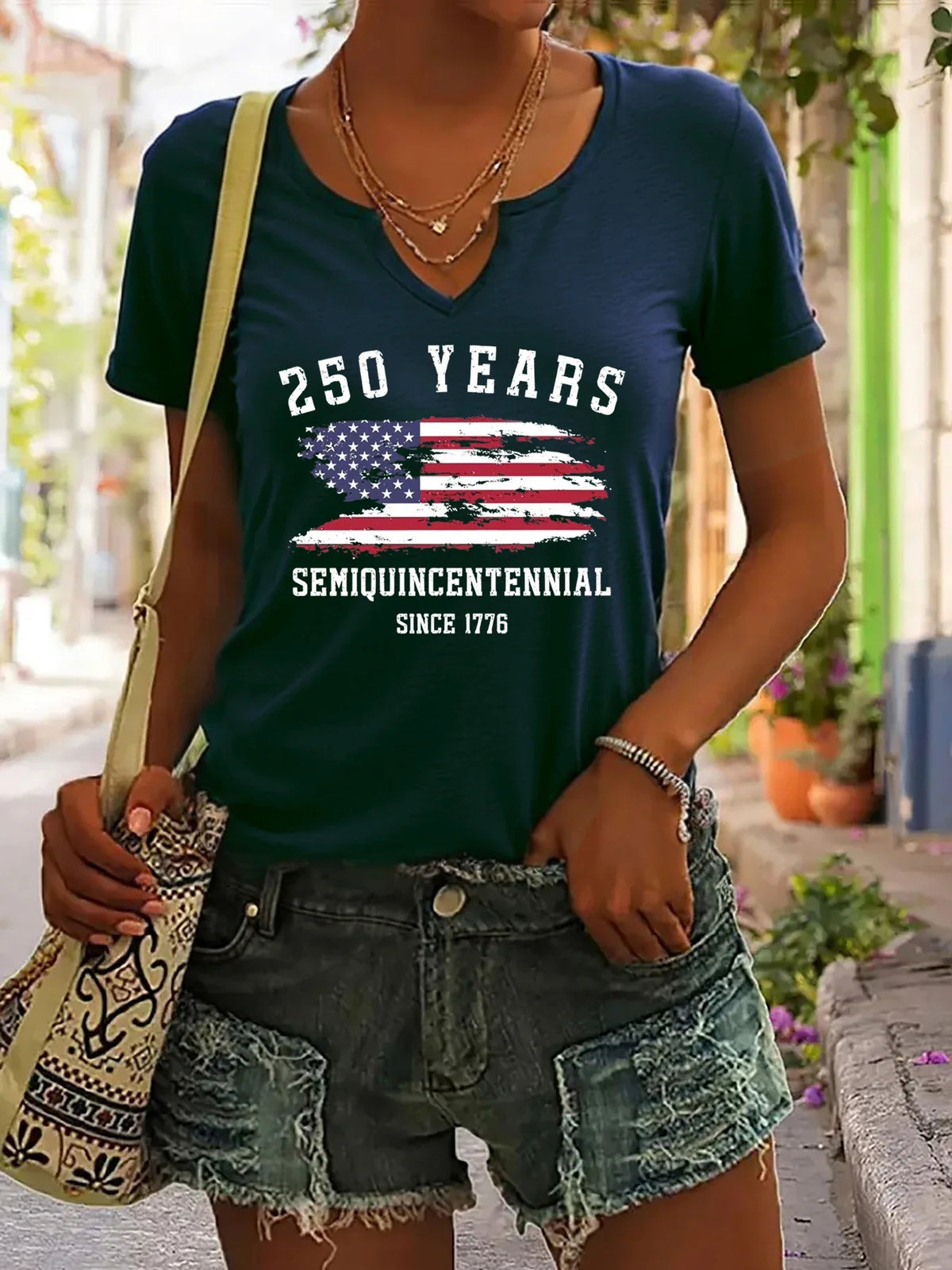 Plush Women's V-Neck T-Shirt - Short Sleeve, Patriotic Semiquincentennial Flag Print, Casual Top
