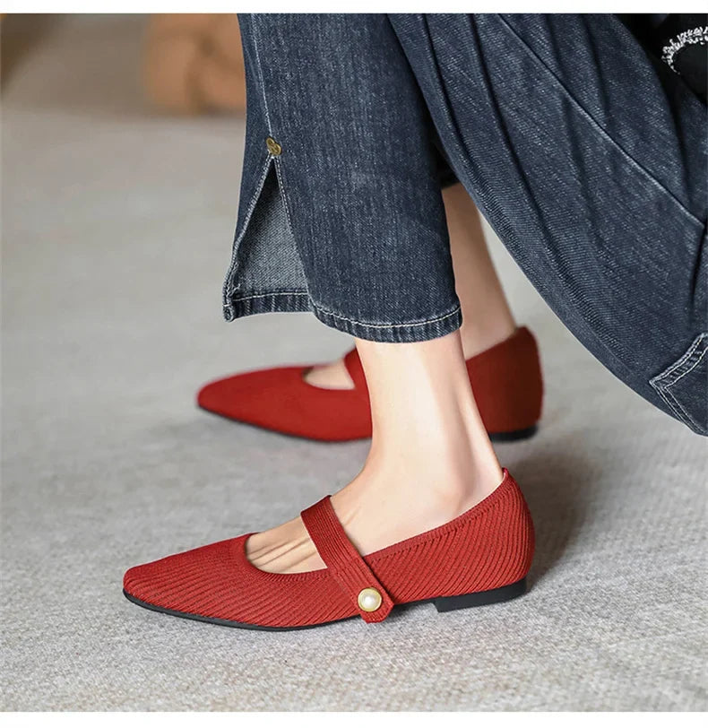 Women Stretchy Mary Jane Flats - Ribbed Knit For Spring