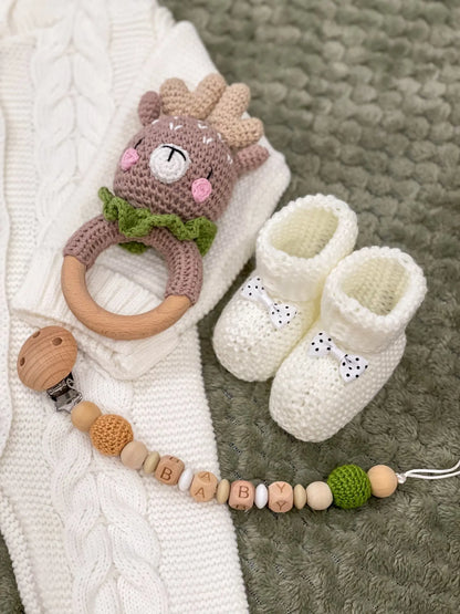Crochet Wooden Animal Teether Rattle Newborn Sensory Toys
