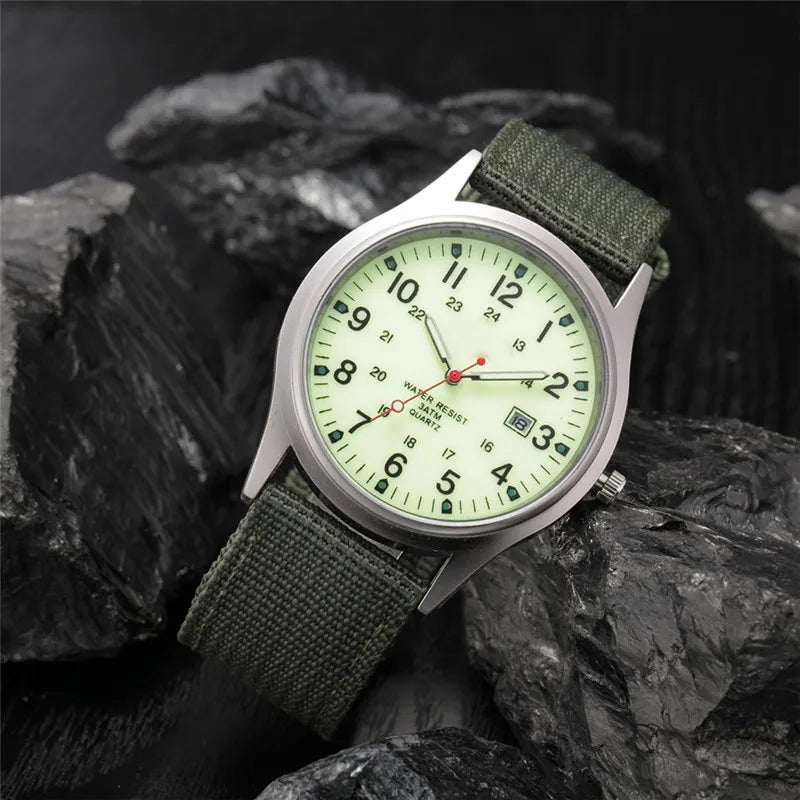 Field Quartz Watch Nylon Strap Military Style Date Luminous