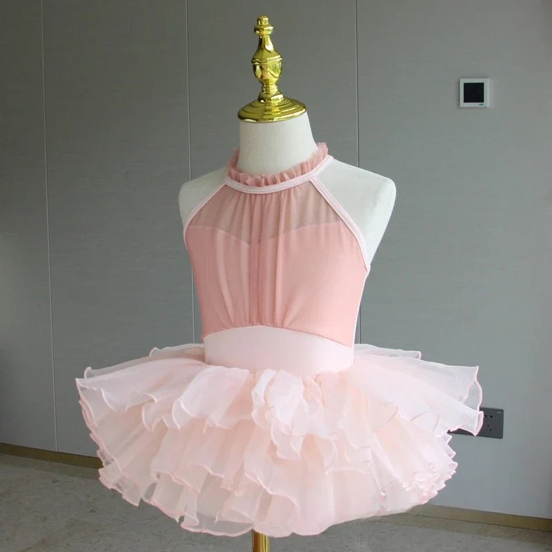 Light girls ballet leotard set - puff-sleeve top, tulle tutu skirt, polyester, for dance class