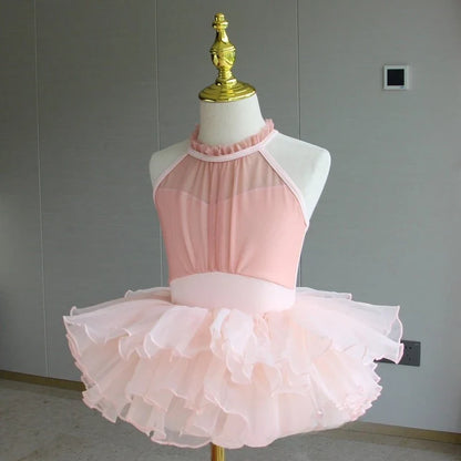 Light girls ballet leotard set - puff-sleeve top, tulle tutu skirt, polyester, for dance class