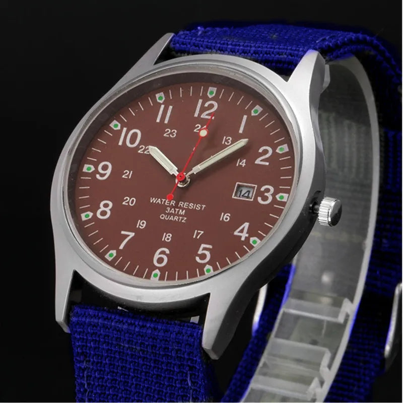 Field Quartz Watch Nylon Strap Military Style Date Luminous