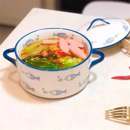 1000ml Ceramic Covered Noodle Bowl Microwave Safe With Lid