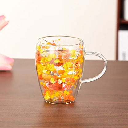 Wall Double Glass Cup with Handle Dried Flower Decorated Ins Style Mug 300ML