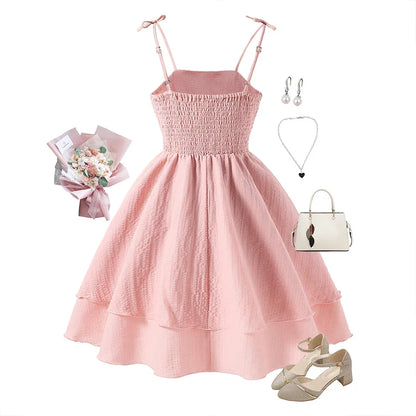 Light Girls' Dress - Tiered Sling Dress, Polyester Elastane, For Birthday Party, Pageant, Communion