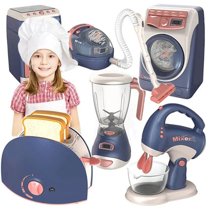 Pretend Kitchen Playset - Motor-Driven Vacuum, Juicer, Washing Machine & Water Sweeper Toys for Kids