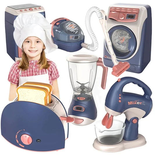Pretend Kitchen Playset - Motor-Driven Vacuum, Juicer, Washing Machine & Water Sweeper Toys for Kids