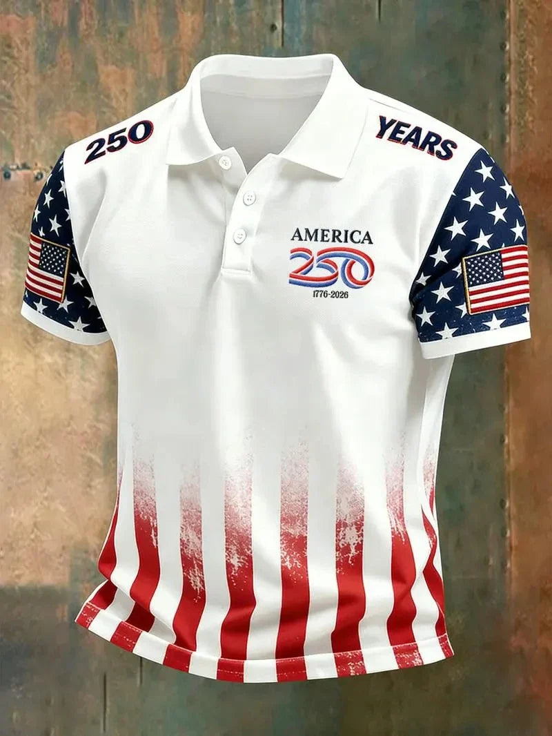 flag-printed USA 250th anniversary design, Fourth of July casual wear – Breathable men's polo shirt