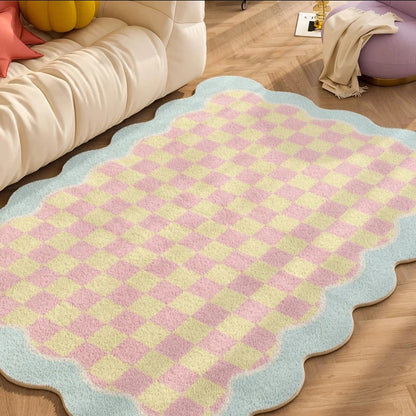 Rug Plush Checkered Scalloped Area Rug, Kids Bedroom Living Room Accent Fall 2025 Cozy Fluffy Machine Washable