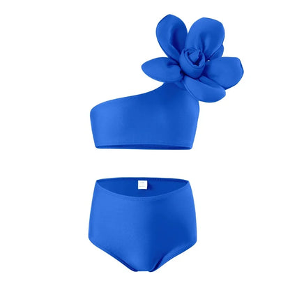 durable one-shoulder flower top, cotton-polyester, for beach days – Light girls’ bikini swimsuit set