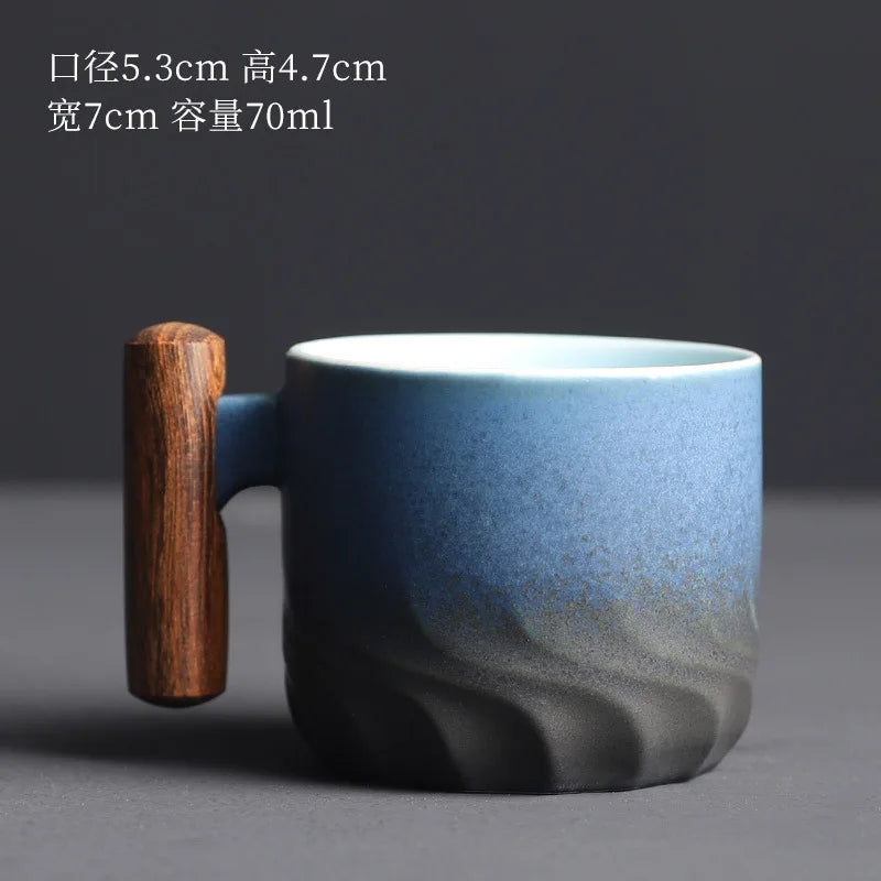 Cup Espresso Porcelain With Wooden Handle Handmade Vintage Mug, Fall 2025 Cozy Gift For Coffee Lovers