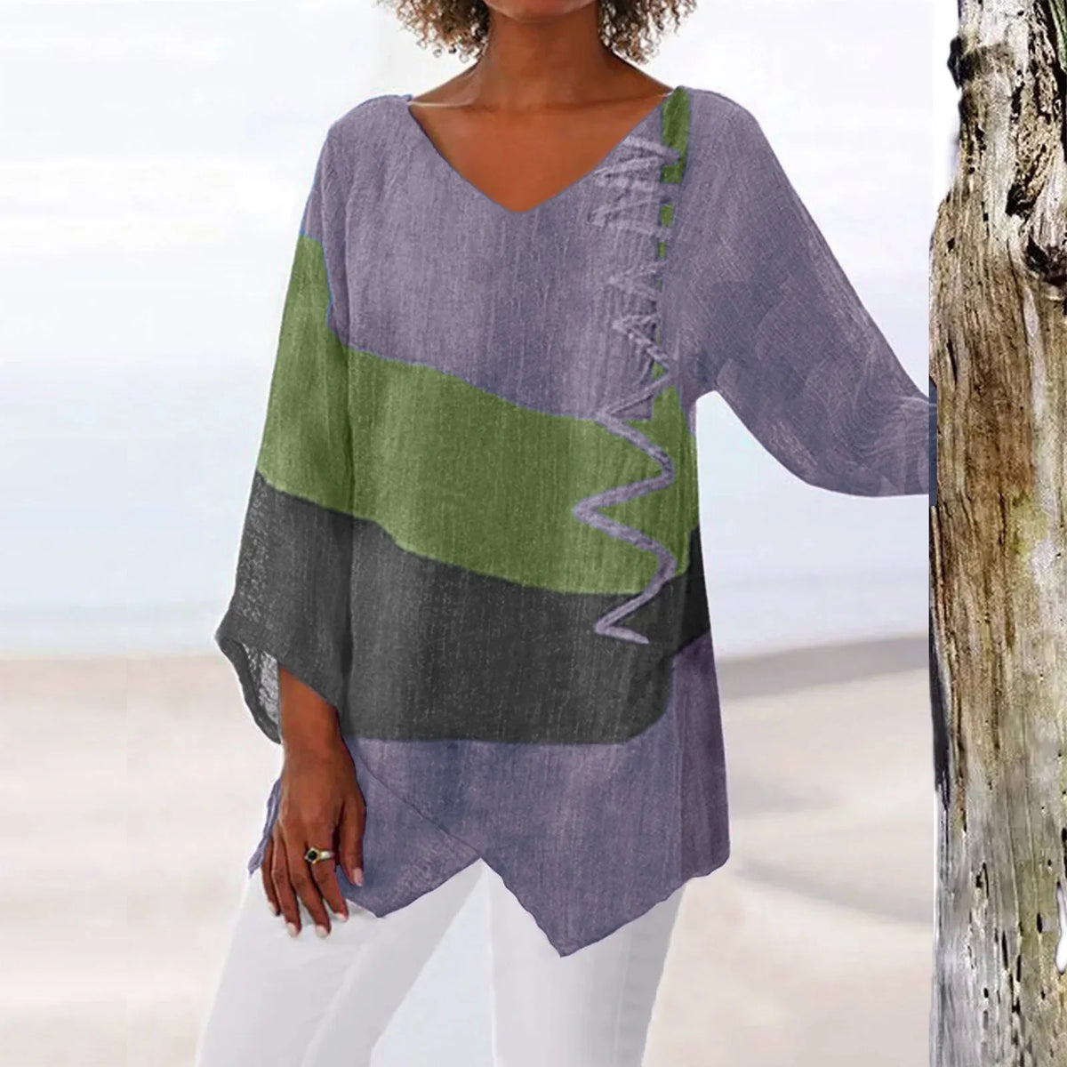 Shirt T Women New Fashion Casual V-Neck Long Sleeve Patchwork Top