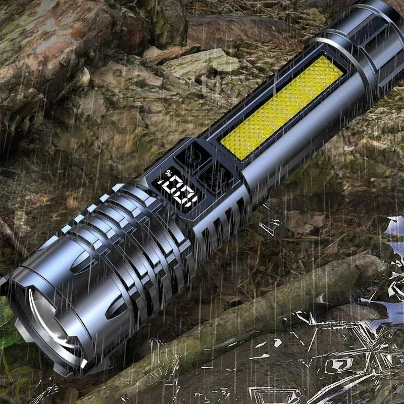 High Power LED Flashlight - TYPE-C Battery-Powered Torch for Camping and Hiking, Water-Resistant with Side Light