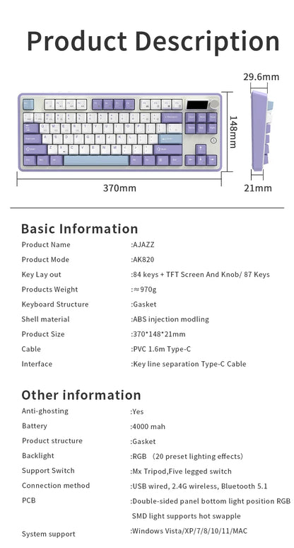 Keyboard Mechanical 87 Key Tri Mode RGB Hot Swappable