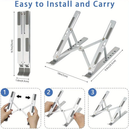 Travel-Friendly Flexible Aluminum Laptop Stand with Accessories - 6-Level Height, Anti-Slip Design, Enhanced Ventilation for 8-16" Laptops