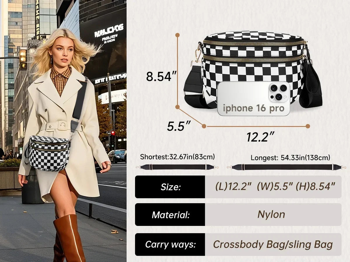 large capacity bum bag, adjustable crossbody mommy travel bag – Casual women's checkered fanny pack