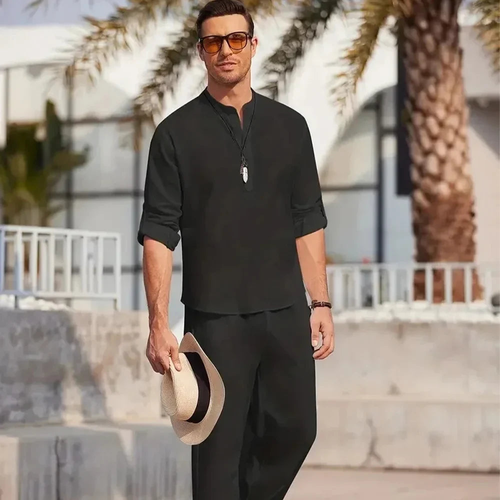 Men's Cotton Linen Shirt Two-Piece Kit Casual Henley Long Sleeve Vacation Beach Wear