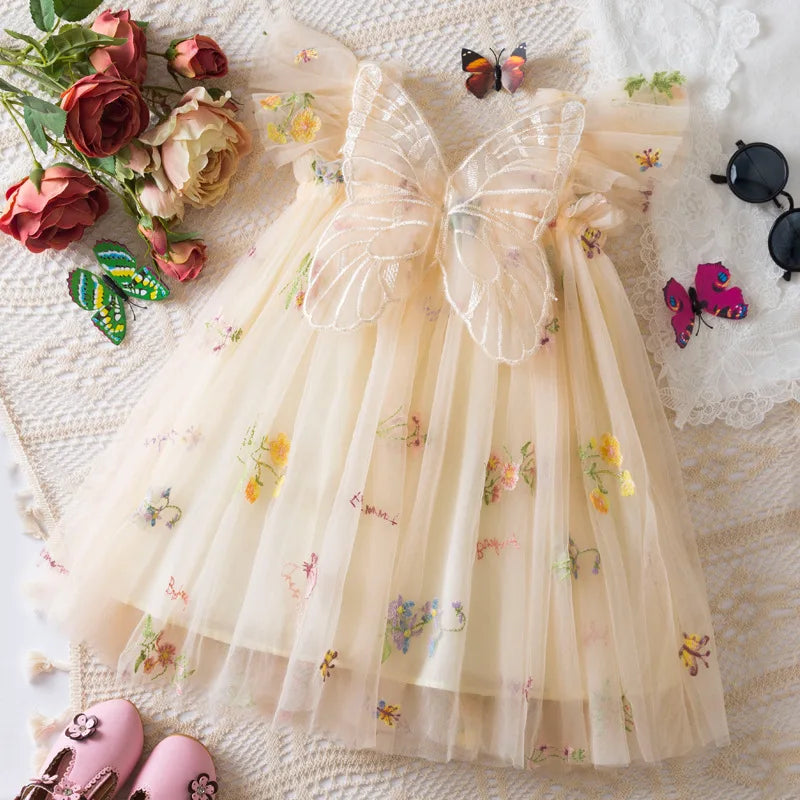 Light flowy girls' dress - knee-length tulle, floral print, polyester, for weddings