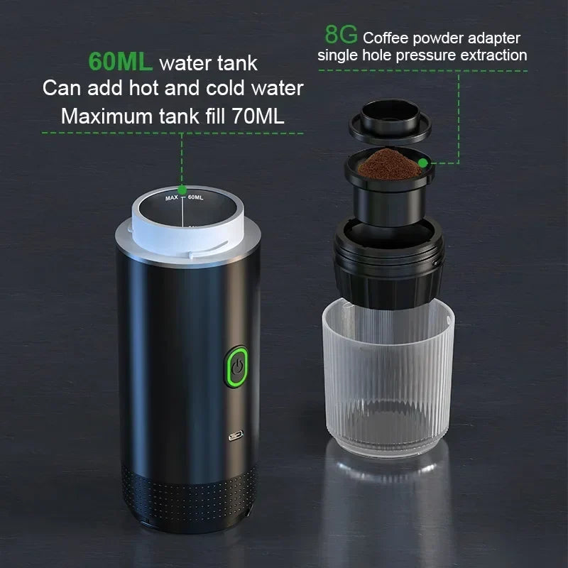 Cordless Motor-Driven Travel-Friendly Espresso Coffee Machine - 3-in-1 Travel Coffee Maker for Car & Household