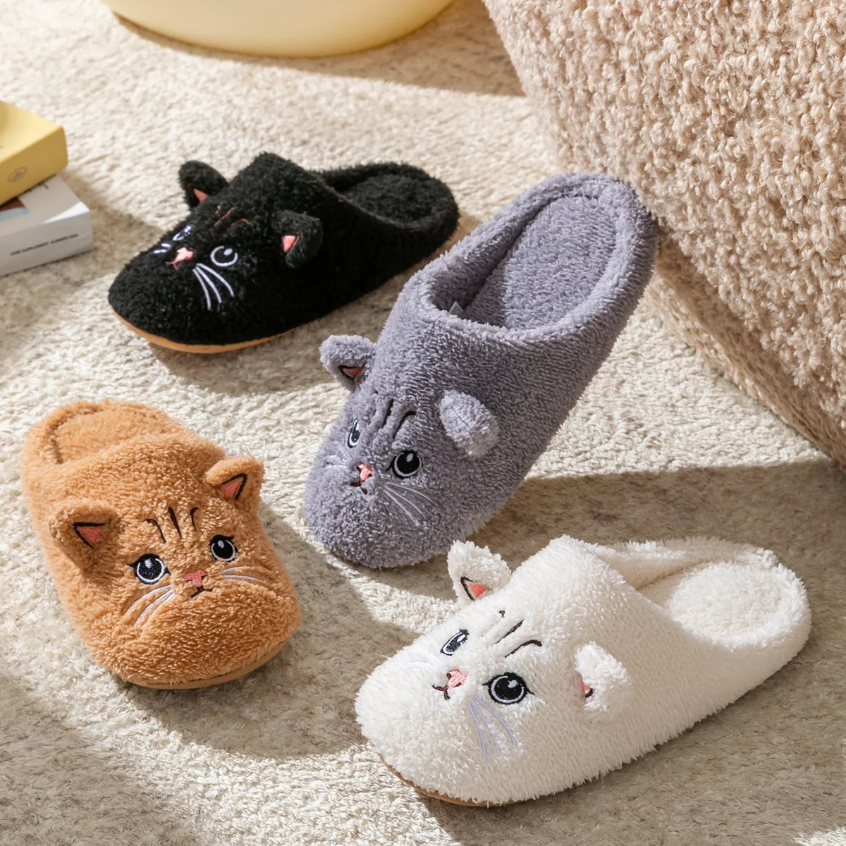 cozy, comfortable indoor wear, non-slip sole for home warmth – Plush women's cat-face plush slippers