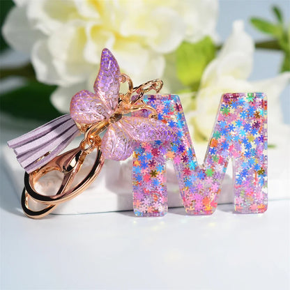 Letter Sequin Keychain With Butterfly Tassel Charm