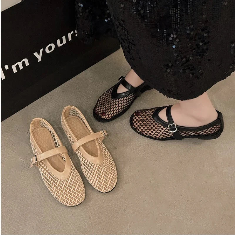 Women Breathable Mesh Ballet Flats - Strappy Round Toe