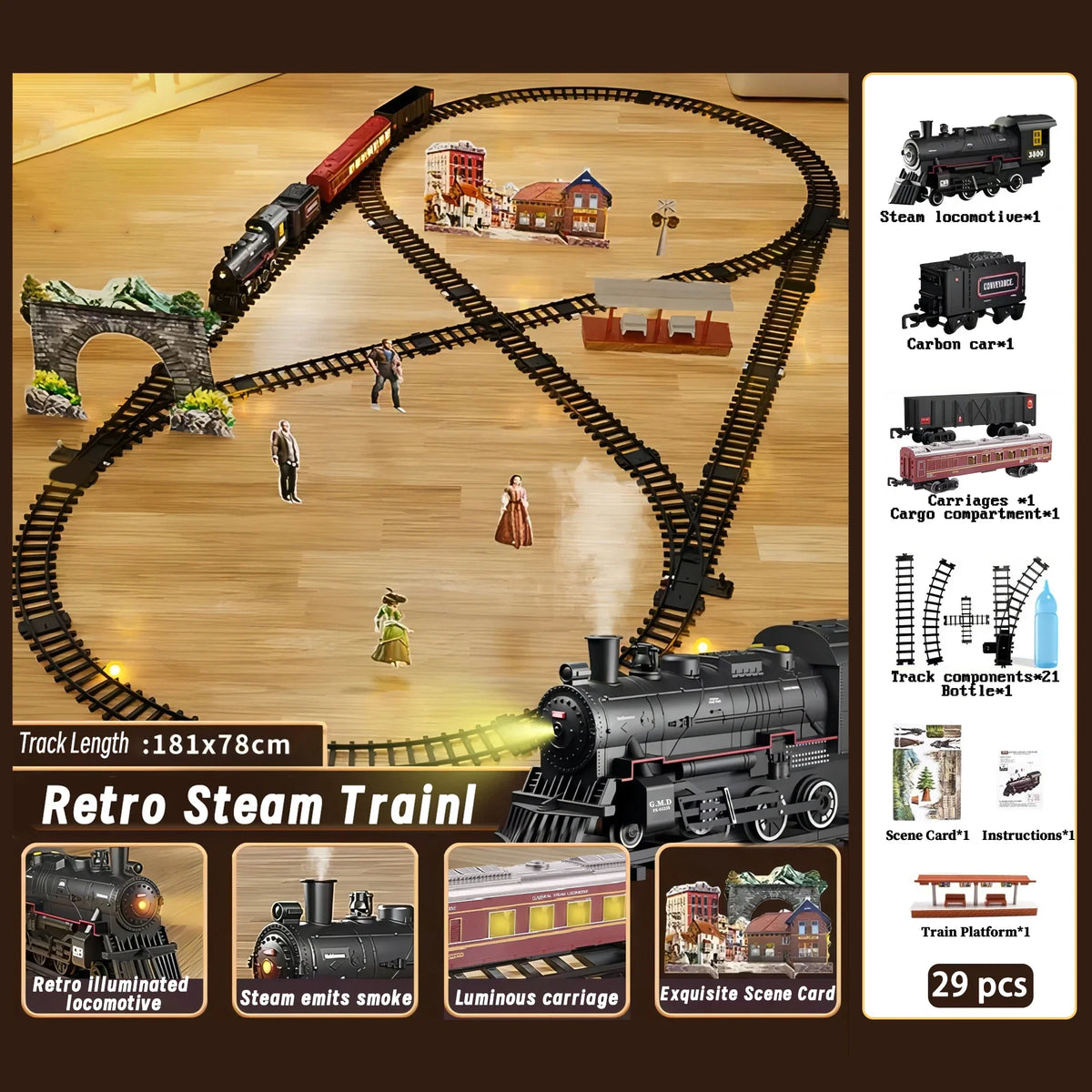 Train Kit with Lights & Sounds - Interactive Locomotive Toy for Kids Battery-Powered Motor-Driven Steam