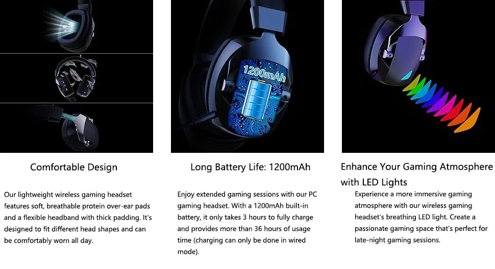 Cordless Gaming Headset Detachable Mic Multi Mode Comfort