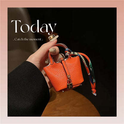 Inspired Birkin Mini Hand Bag - Leather Basket Bag Charm Keychain & Earphone Case