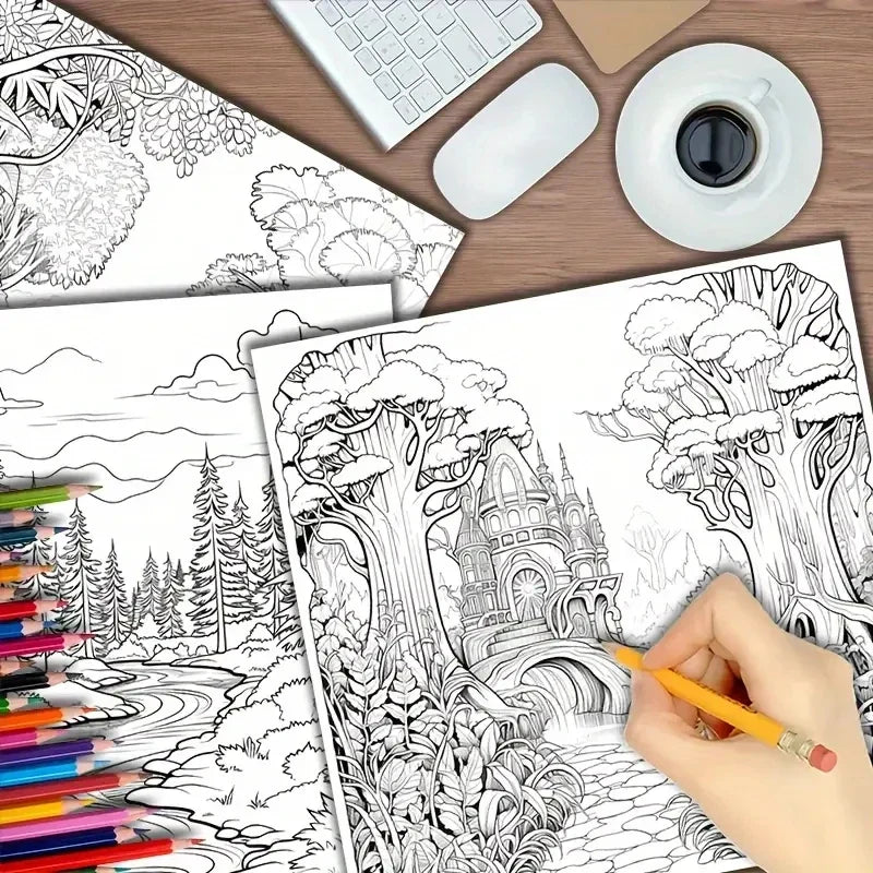 Book Coloring 22 Page Psychedelic Forest Stress Relief Activity Gift Fall 2025 Trend