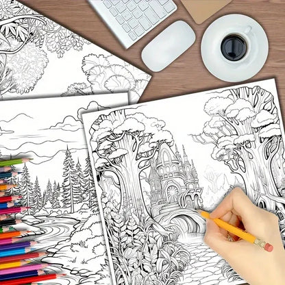 Book Coloring 22 Page Psychedelic Forest Stress Relief Activity Gift Fall 2025 Trend