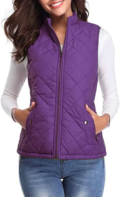 Light Women Quilted Vest - Stand Collar Cotton Winter