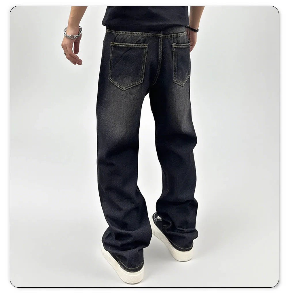 Men's Oversized Jeans - Straight Cut, Washed Denim, Autumn