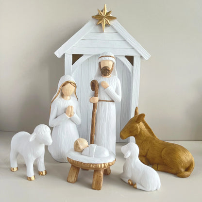 Nativity Scene Large 7-Piece Kit White And Gold Resin Figures Faceless Holy Family Christmas Decor 2025 Gift