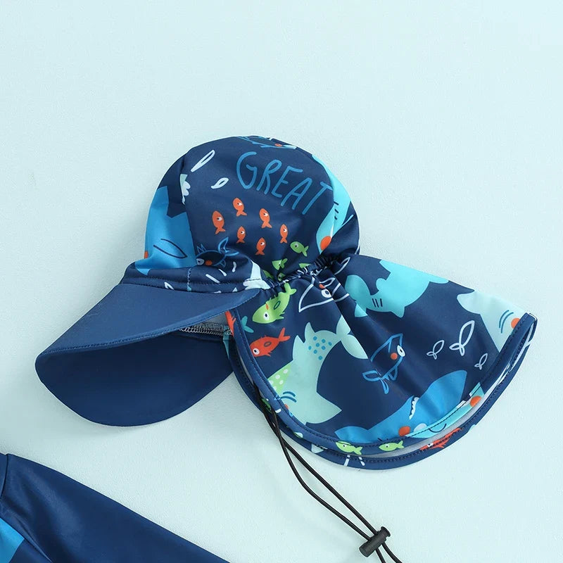 Fast-dry baby boys rash guard swimsuit set - long sleeve zip-up, fish print, polyester, summer beachwear